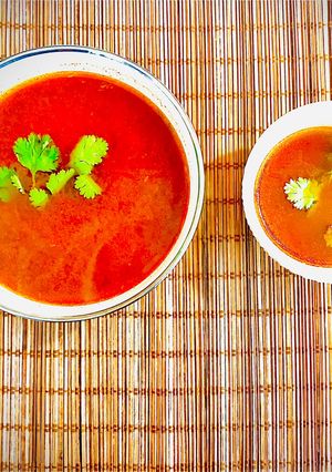 A picture of Cherry 🍒 Tomato Rasam-Light South Traditional King Soup-Authentic Appetizer😋.