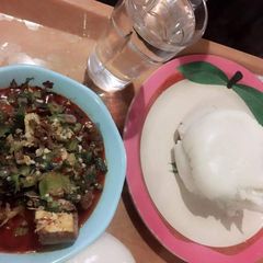 A picture of Okro soup with fresh cat fish.