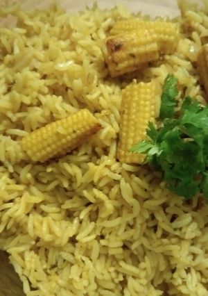 A picture of BabyCorn Biryani Cooked in Pressure Cooker.