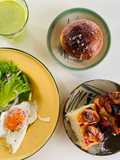 Morning🌞 Boost: ไข่ดาว🍳 สลัดผักอาจาด🥬🍋Foccacia Beet root& Cheese🍞Green Apple Juice& Celery🍏