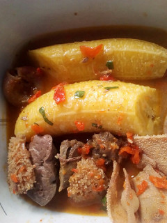A picture of Plantain and offal pepper soup.
