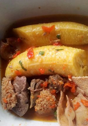 A picture of Plantain and offal pepper soup.