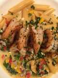 Cajun grilled shrimp with loaded veggie Alfredo noodles