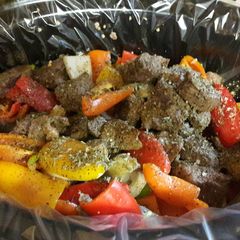 Beef tips with onions and sweet peppers A picture of Beef tips with onions and sweet peppers.