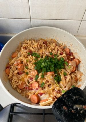 A picture of One Pot Cheesy Smoked Sausage Pasta Skillet.