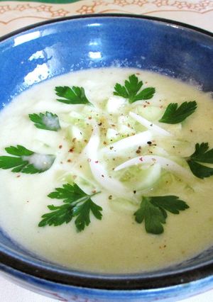 A picture of Cucumber Gazpacho with Greek Yogurt.