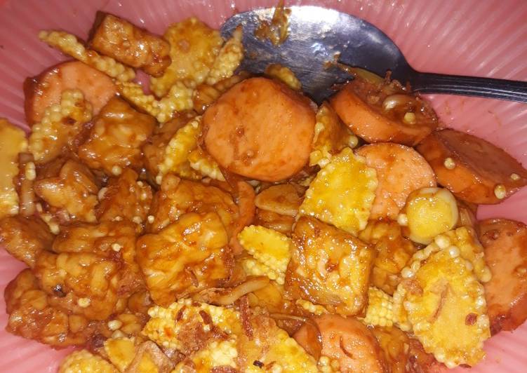 Cara Gampang memasak Tumis tempe sosis baby corn, Enak