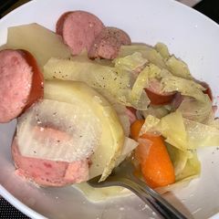 A picture of Slow Cooker cabbage, sausage, & potatoes.