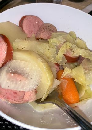 A picture of Slow Cooker cabbage, sausage, & potatoes.