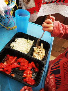 Una foto de Pollo con arroz y ensalada de tomate