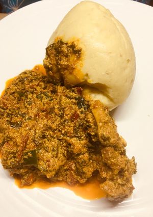 A picture of Pounded yam with egusi soup.