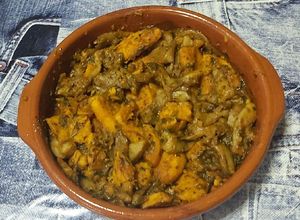 Una foto de Batata y setas ostra con salsa teriyaki