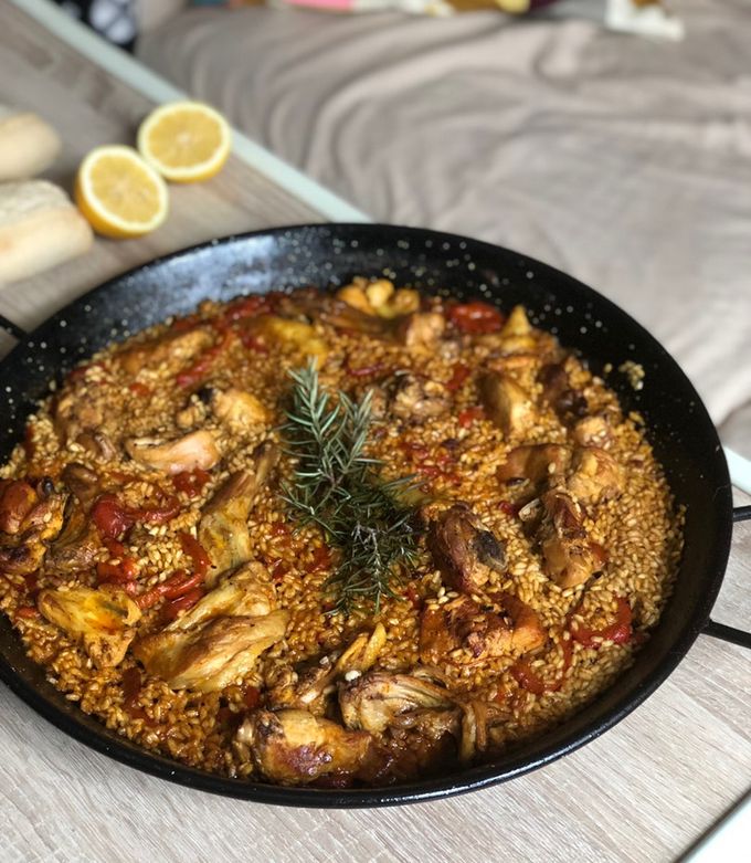 A picture of Chicken and Rabbit Paella with Fresh Rosemary – Step-by-Step from Scratch!.