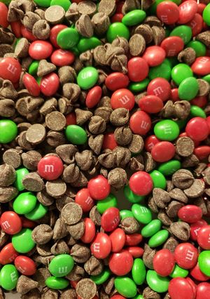A picture of Chocolate Chip Cookies- Christmas Style.
