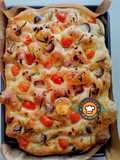 Focaccia With Shallot Wedges, Aromatic Fried Garlic, Diced Tomato & Rosemary