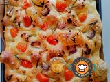 Focaccia With Shallot Wedges, Aromatic Fried Garlic, Diced Tomato & Rosemary