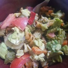 A picture of A.S.A.P. Dish: Asian Veggies, Salmon, Avocado, and Pasta.