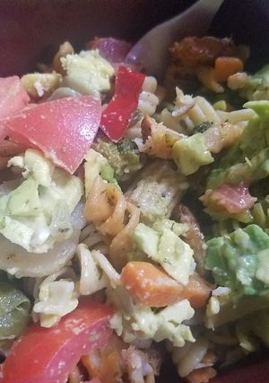 A picture of A.S.A.P. Dish: Asian Veggies, Salmon, Avocado, and Pasta.