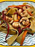 Pappardelle con gambas y soja