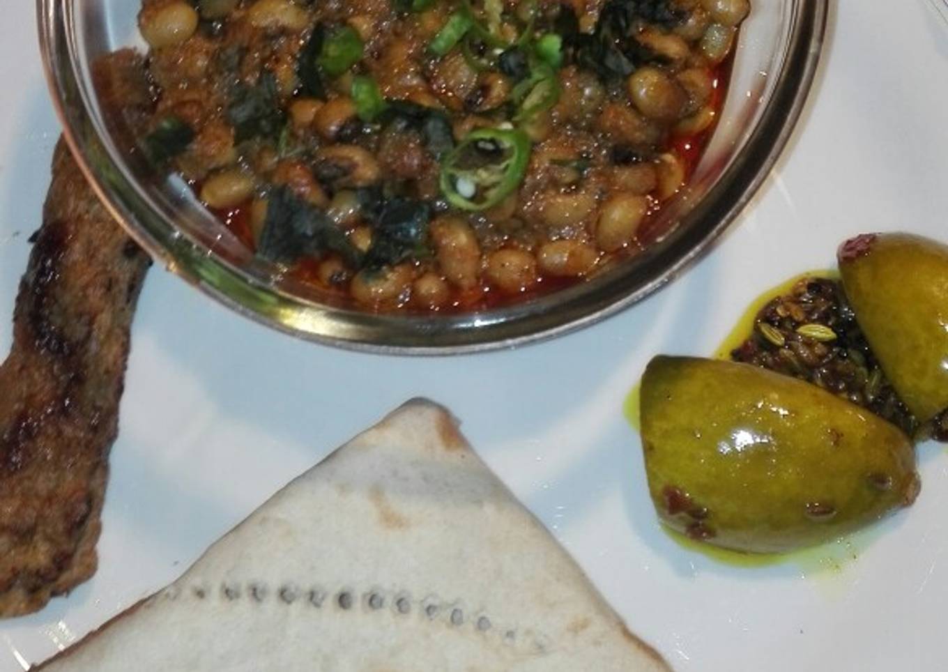 White Lobia With Roti Homemade Achar and Seekh Kabab