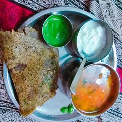 A picture of Fasting thali buck wheat(kuttu) flour chilla & potatoes curry.
