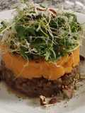 Lentil Parmentier with Sweet Potatoes and Sautéed Mushrooms