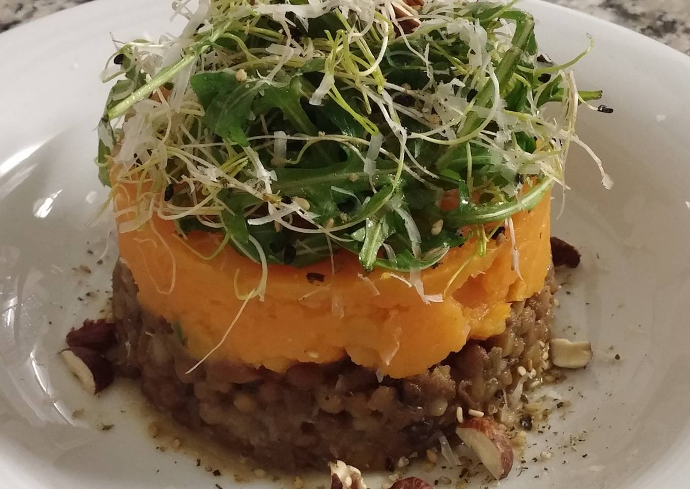 Parmentier de lentilles aux patates douces et champignons sautés