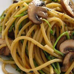 A picture of Easy Asian-Inspired Garlic Butter Noodles with Mushrooms & Pea Sprouts.