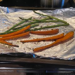 A picture of Roasted carrots and asparagus.