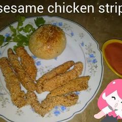 A picture of Sesame chicken strips.