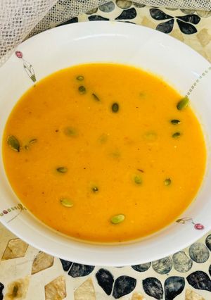 A picture of Pumpkin Soup with Roasted Vegetables.