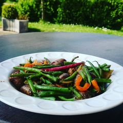 A picture of Stir Fry Long Beans with Bell Pepper and Chicken Hearts.