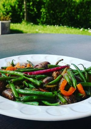 A picture of Stir Fry Long Beans with Bell Pepper and Chicken Hearts.