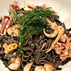 A picture of Squid Ink Pasta with Seafood and Chilli.