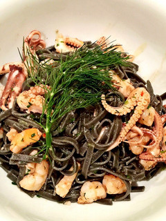 A picture of Squid Ink Pasta with Seafood and Chilli.