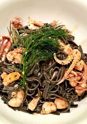 A picture of Squid Ink Pasta with Seafood and Chilli.