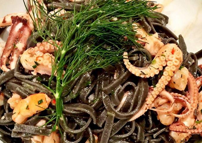 Squid Ink Pasta with Seafood and Chilli
