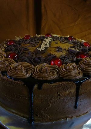 A picture of Chocolate cake with caramel filling.