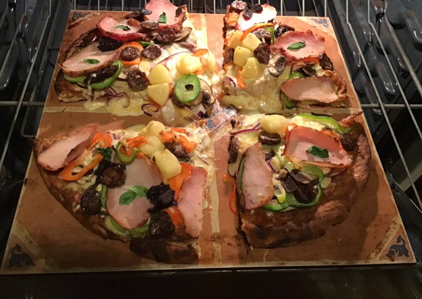 California farmhouse pizza on the stone floor