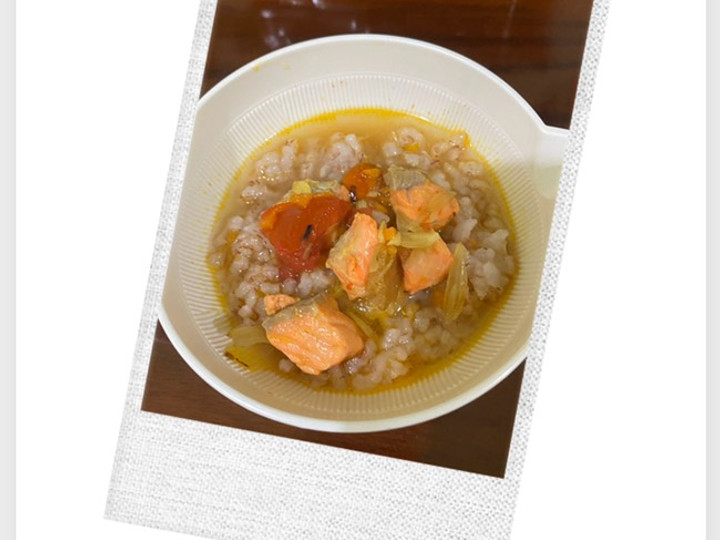 Resep Mpasi 9m nasi tim beras merah sup ikan salmon kuah kuning Anti Gagal
