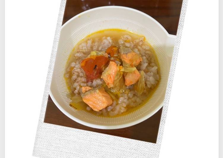 Mpasi 9m nasi tim beras merah sup ikan salmon kuah kuning
