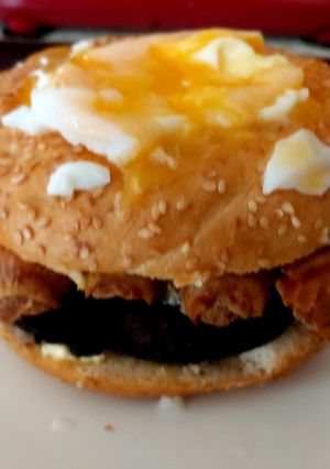 A picture of My Black Pudding, Sausage & Poached Egg Sesame Seeded Bagel 🥰.