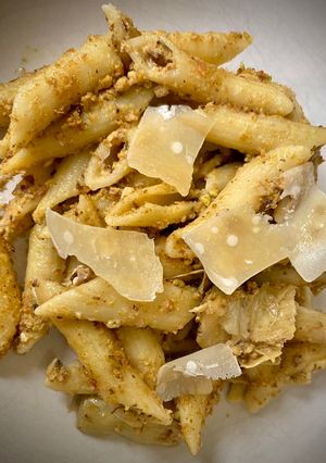 A picture of Penne with Gordal Olive & Pistachio Pesto.
