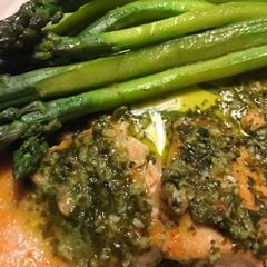 A picture of Salmon with Basil Sauce.