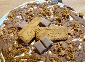 Une photo de Cheesecake sans cuisson à la purée de noisettes Omie, chocolat praliné et spéculoos
