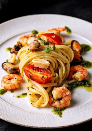 Foto di Spaghetti con Gamberi e Pesto Genovese