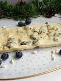 Turrón de chocolate blanco, arroz inflado, arándanos y limón