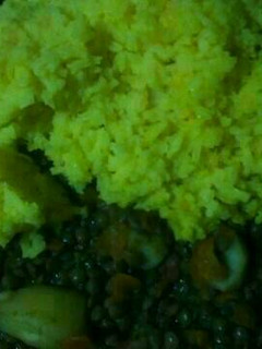A picture of Tumeric rice with Kamande stew.