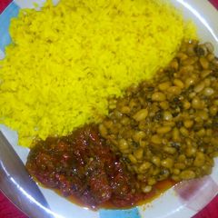 A picture of Curry Rice And Beans With Stew.