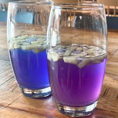 A picture of Butterfly pea iced tea - add lemon and the colour changes from blue to purple🪄🧚‍♀️.